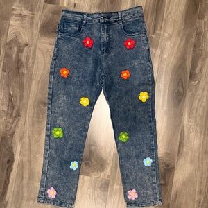 Lola + The Boys Dark Wash Jeans with Multicolor Flower Appliqués
